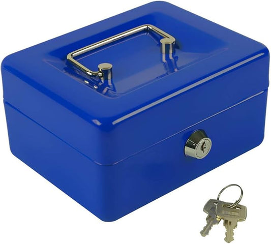 KYODOLED Cash Box with Money Tray,Small Safe Lock Box with Key,Mini Safe Box,5.91"x 4.72"x 3.15" Blue Small