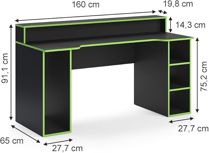 Vicco Roni Gaming Table, Black/Green, 160 x 65 cm