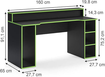 Vicco Roni Gaming Table, Black/Green, 160 x 65 cm