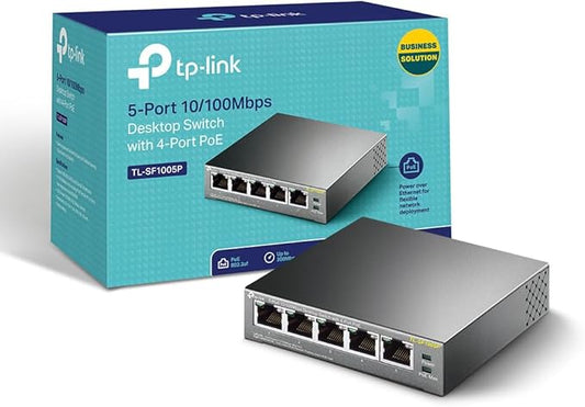 TP-Link PoE Switch 5-Port 100 Mbps, 4 PoE+ ports up to 30 W for each PoE port and 67 W for all PoE ports, Metal Casing, Plug and Play, Ideal for IP Surveillance and Access Point (TL-SF1005P)