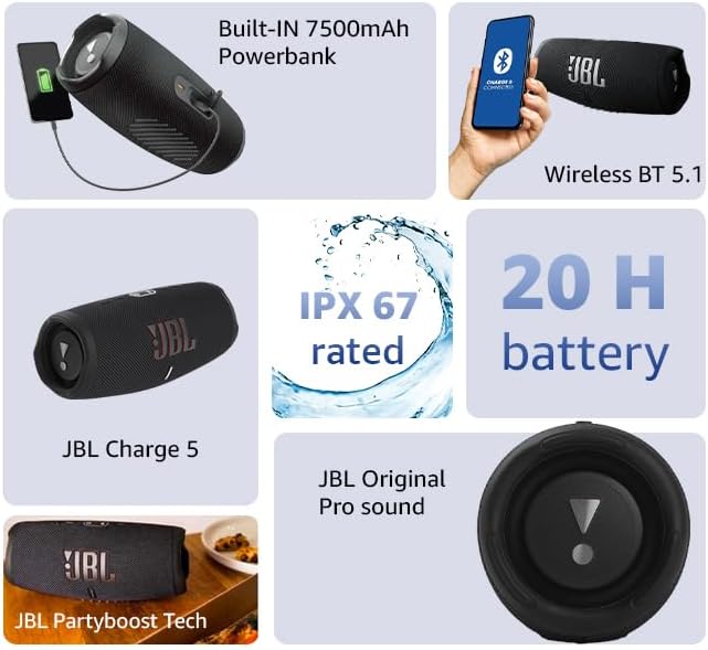 JBL Charge 5 - Portable Bluetooth Speaker with deep bass, IP67 waterproof and dustproof, 20 hours of playtime, built-in powerbank, in gray - T