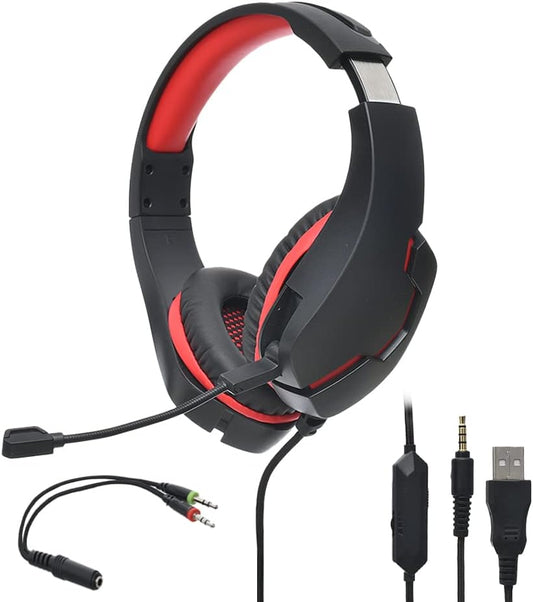 J10 high quality led light gaming surrounding headset with noise cancelation microphone usb+3.55mm jack for pc & playstation - black red, Wired Headphones Headset