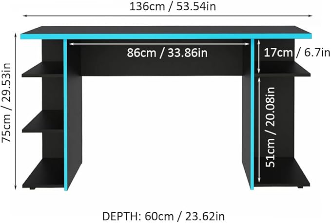 Madesa Gaming Computer Desk, PC Table, Office Table with 5 Shelves, 136 x 60 x 75 cm, Wooden