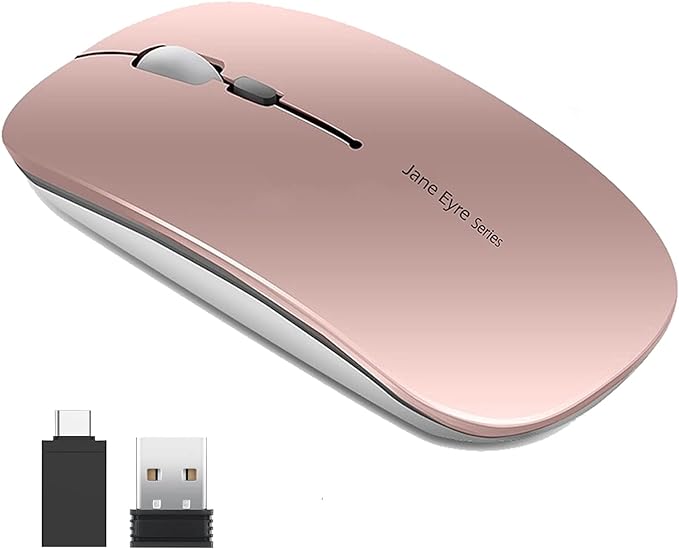 Uciefy Q5 Slim Rechargeable Wireless Mouse, 2.4G Portable Optical Silent Ultra Thin Wireless Computer Mouse with USB Receiver and Type C Adapter, Compatible with PC, Laptop, Desktop (Rose Gold)