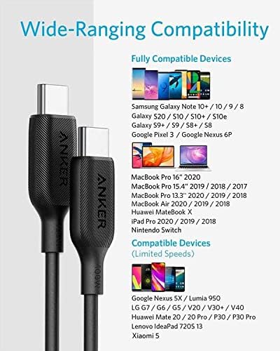 Usb c to usb c cable, anker powerline iii usb-c to usb-c fast charging cord (3 ft), 60w power delivery pd charging for apple macbook, ipad pro 2020, samsung galaxy s10 plus s9 s8 plus, pixel, and more