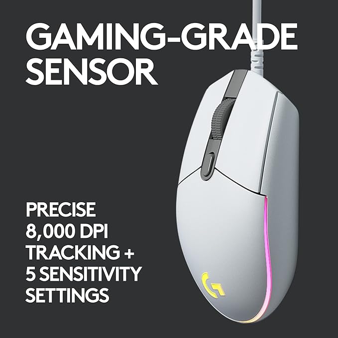 Logitech G102 Light Sync Gaming Mouse with Customizable RGB Lighting, 6 Programmable Buttons, Gaming Grade Sensor, 8 k dpi Tracking,16.8mn Color, Light Weight (White)