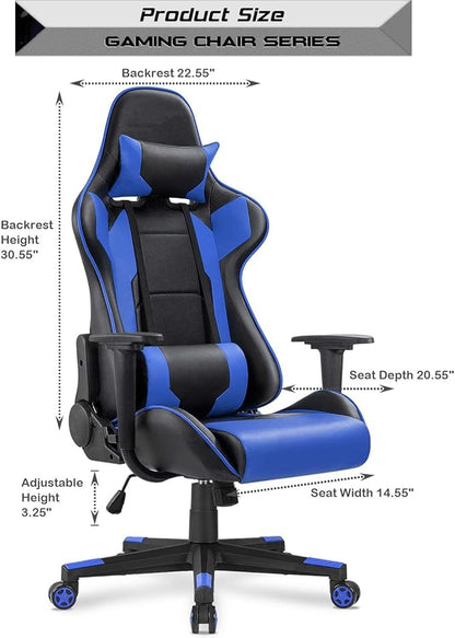 Mahmayi C599 PU Leather Adjustable Gaming Chair Ergonomic Design High Back Lumber Support Adjustable Neck Pillow Steel Frame Strong Nylon Base for Home & Office - Blue/Black