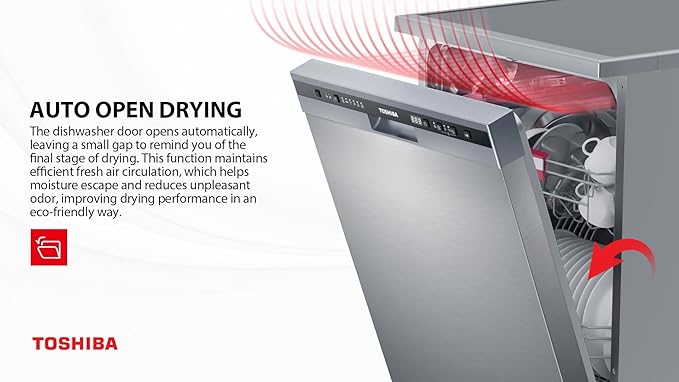 TOSHIBA Dishwasher - Dw-13F8Af(Ss)-Eg -Silver/Sts Door - 6 Programs - Free Standing, Auto-Open Dry, Noise Level 47 Db(A), Half Load, Led Interior Light Silver 13Place Set