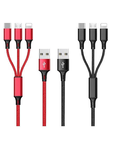 2pack Charger Cable Nylon Braided 3 in 1 Charging Cable Multi USB Cable Fast Charging Cord with Type-C, Micro USB and IP Port, Compatible with Most iPhones & iPads &Android(red&black)