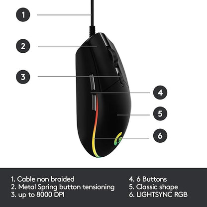 Logitech G102 Light Sync Gaming Mouse with Customizable RGB Lighting, 6 Programmable Buttons Light Weight (Black)