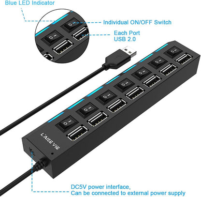 Multi Port USB Splitter, 7 Port USB 2.0 Hub, USB A Port Data Hub with Independent On/Off Switch and LED Indicators, Lights for Laptop, PC, Computer, Mobile HDD, Flash Drive and More (Black 2.0)