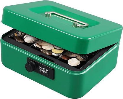 KYODOLED Cash Box with Combination Lock,Safe Metal Box for Money,Storage Lock Box with Money Tray,7.87"x 6.30"x 3.54" Green Medium