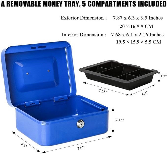 Ltstor Large Cash Box with Key Lock, Portable Metal Money Box with Double Layer and 2 Keys for Security 20 x 16 x 9 cm (XL, Blue)