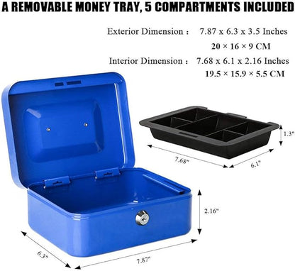 Ltstor Large Cash Box with Key Lock, Portable Metal Money Box with Double Layer and 2 Keys for Security 20 x 16 x 9 cm (XL, Blue)