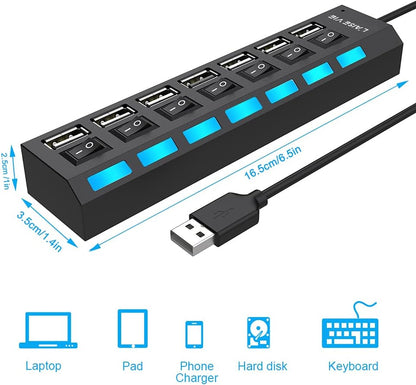 Multi Port USB Splitter, 7 Port USB 2.0 Hub, USB A Port Data Hub with Independent On/Off Switch and LED Indicators, Lights for Laptop, PC, Computer, Mobile HDD, Flash Drive and More (Black 2.0)