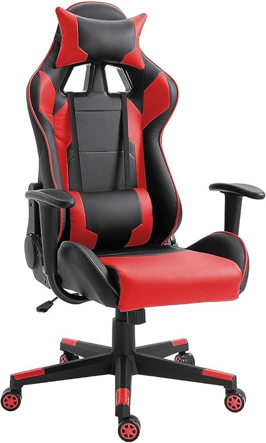 MAHMAYI OFFICE FURNITURE C599 Gaming Chair High Back Computer Chair PU Leather Desk Chair PC Racing Executive Ergonomic Adjustable Swivel Task Chair with Headrest and Lumbar Support (RED, No Footrest)