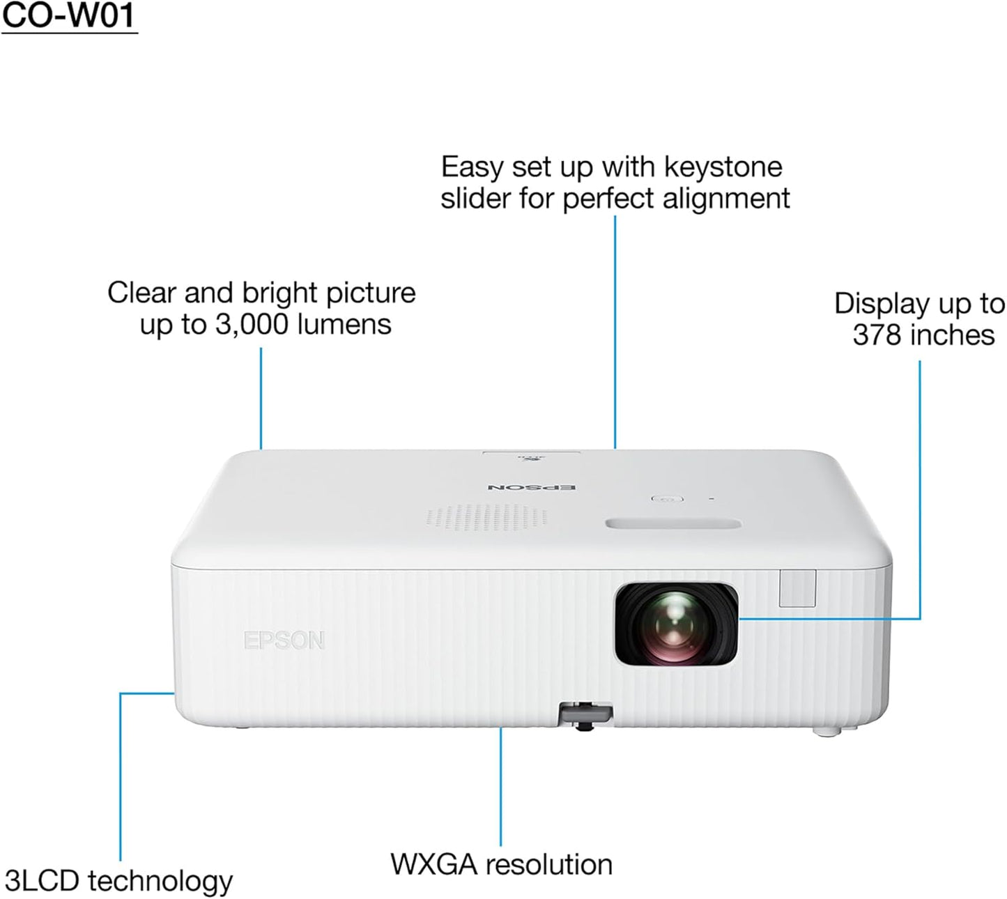 Epson CO-W01 WXGA Projector, 3LCD technology, 3,000 lumen brightness, 378inches screen size, White, Compact