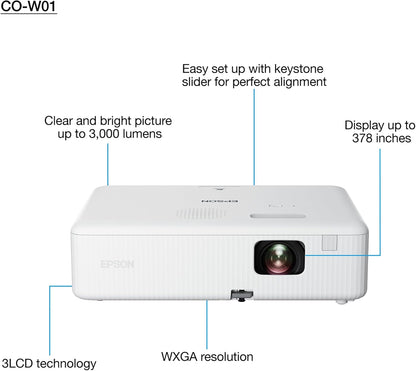 Epson CO-W01 WXGA Projector, 3LCD technology, 3,000 lumen brightness, 378inches screen size, White, Compact