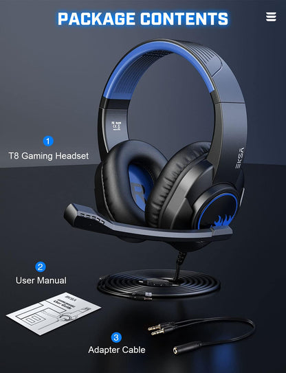 Eksa T8 Ps4 Gaming Wired Over Ear Headphones With Mic With Noise Canceling, Pc With Surround Stereo Sound, Led Light For Ps4, Pc, Laptop (Blue)