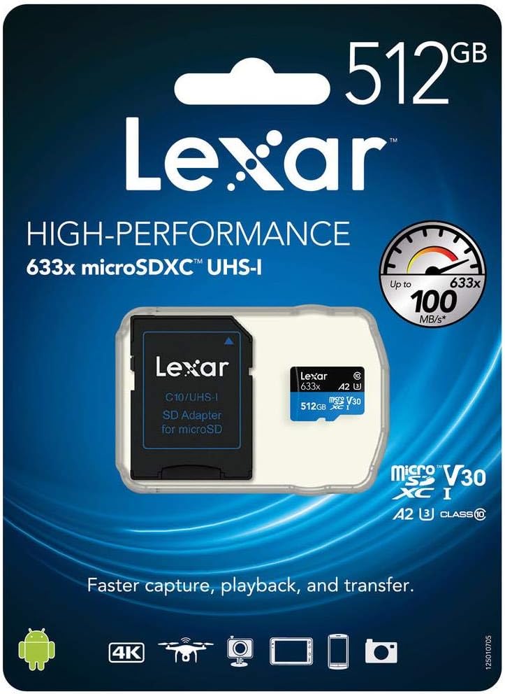 Lexar 633x microSDHC/microSDXC UHS-I Flash Memory 512 GB Class 10 – Flash Memory (512 GB, MicroSDXC, Class 10, UHS-I, 100 MB/s, Black, Blue)