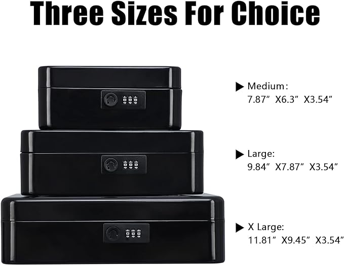 KYODOLED Medium Metal Cash Box with Combination Lock Safe and Money Tray for Security 7.87"x 6.30"x 3.54" Black