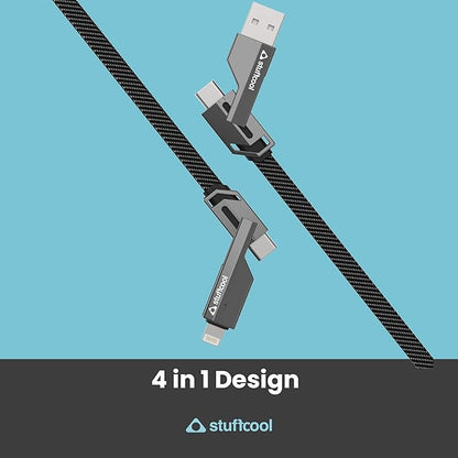 Stuffcool Quad Pro 4 in 1 Metal Flat Braided Indestructible Cable 1.5m 60W with lightning to type C, type C to C, Lighting to type A compatible for iPhones, iPads, Macbooks, Type C Laptops (Grey)