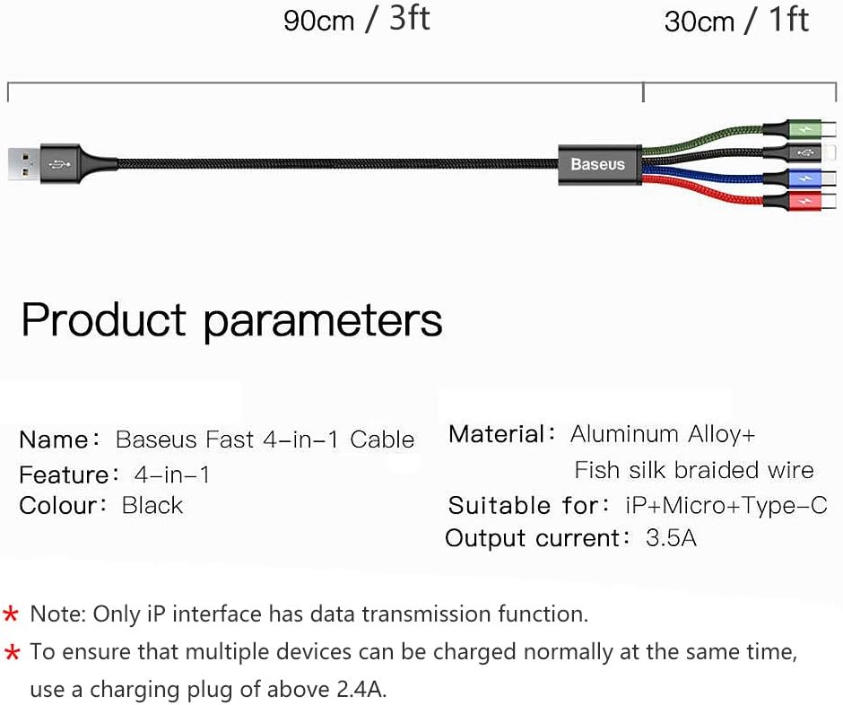 Baseus Multi Charger USB Data Cable iP Micro USB Type-C 3in1Charging Cable 3.5A Fast Charging Data Cables (Multi-coloured)