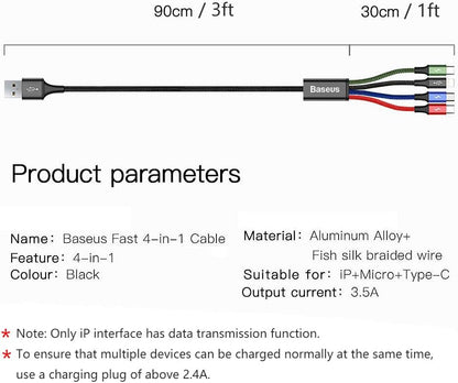 Baseus Multi Charger USB Data Cable iP Micro USB Type-C 3in1Charging Cable 3.5A Fast Charging Data Cables (Multi-coloured)