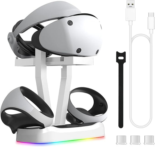 PS VR2 Charging Station, VR2 Headset Display Stand and Magnetic USB C Charging Base with RGB Lighting, PS5 VR2 Accessories with Charger Cable (White)