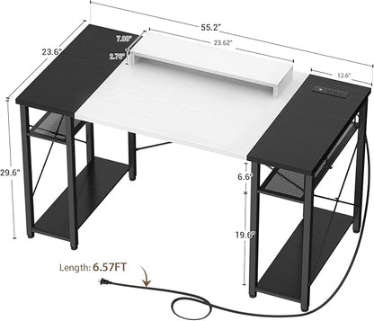 armocity Computer Desk, 55 Inch Desk with Power Outlet and USB, Reversible Large Desk with Moveable Monitor Stand, Industrial Gaming PC Table for Home Office, Workstation, White and Black