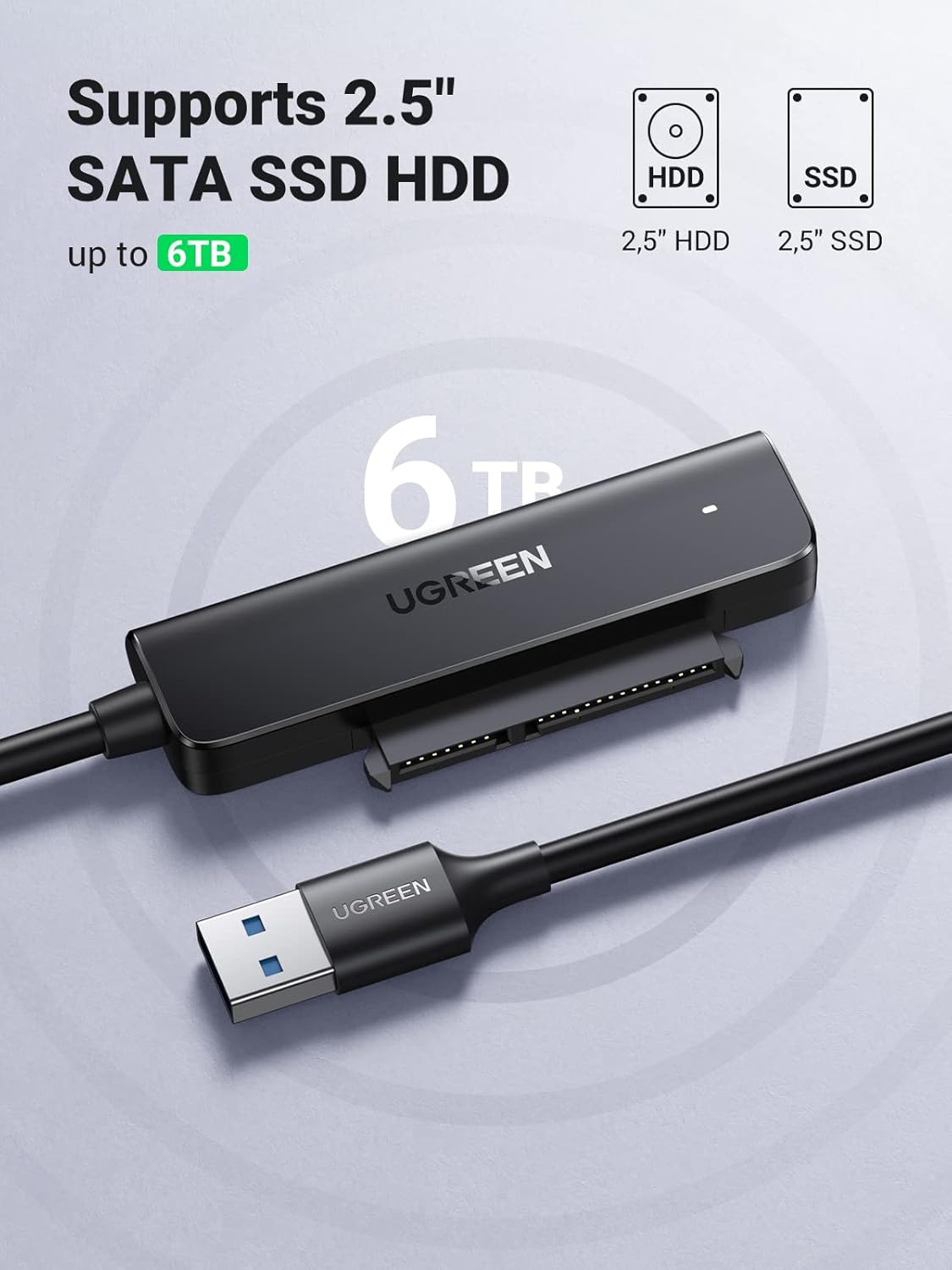 UGREEN SATA Cable SATA to USB 3.0 Adapter Hard Drive Cable External Disk Reader 2.5 SSD to HDD Clone Transfer Upgrade Kit UASP Connector Compatible for Crucial WD SanDisk Toshiba Internal HDD SSD,PS5