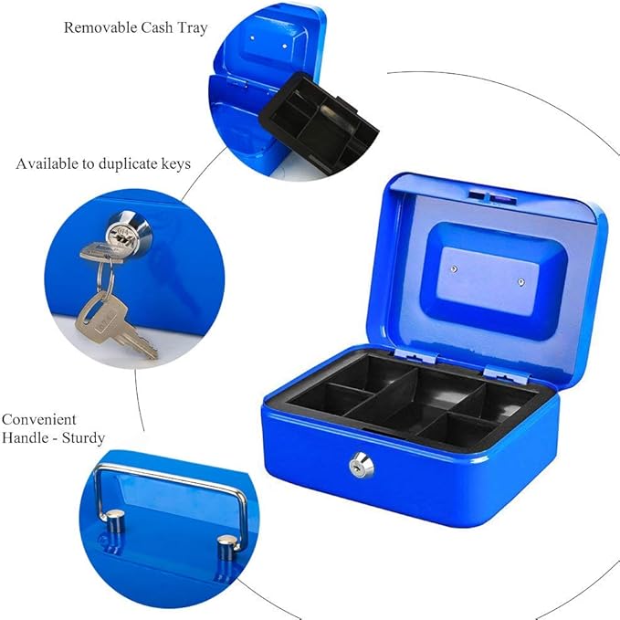 Ltstor Large Cash Box with Key Lock, Portable Metal Money Box with Double Layer and 2 Keys for Security 20 x 16 x 9 cm (XL, Blue)