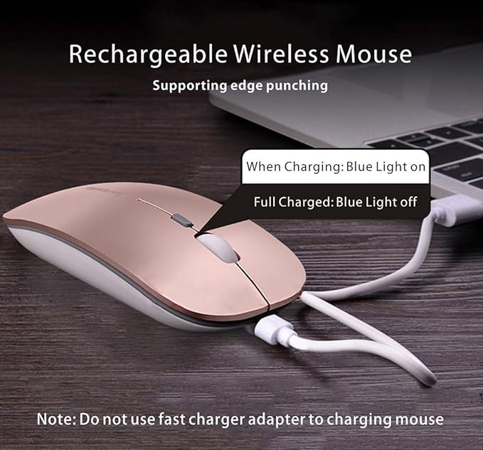 Uciefy Q5 Slim Rechargeable Wireless Mouse, 2.4G Portable Optical Silent Ultra Thin Wireless Computer Mouse with USB Receiver and Type C Adapter, Compatible with PC, Laptop, Desktop (Rose Gold)