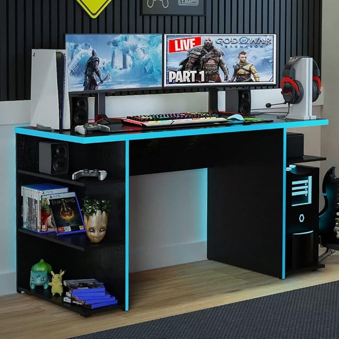 Madesa Gaming Computer Desk, PC Table, Office Table with 5 Shelves, 136 x 60 x 75 cm, Wooden