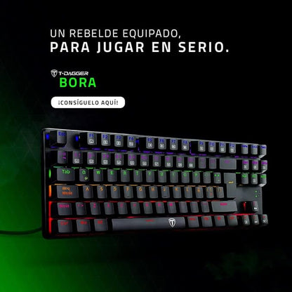 T-DAGGER TGK313 BORA Gaming Mechanical Keyboard - Rainbow LED Lighting -TKL Size 87 Key - AR/EN Key || (T-TGK313) (Blue Switch), Bluetooth