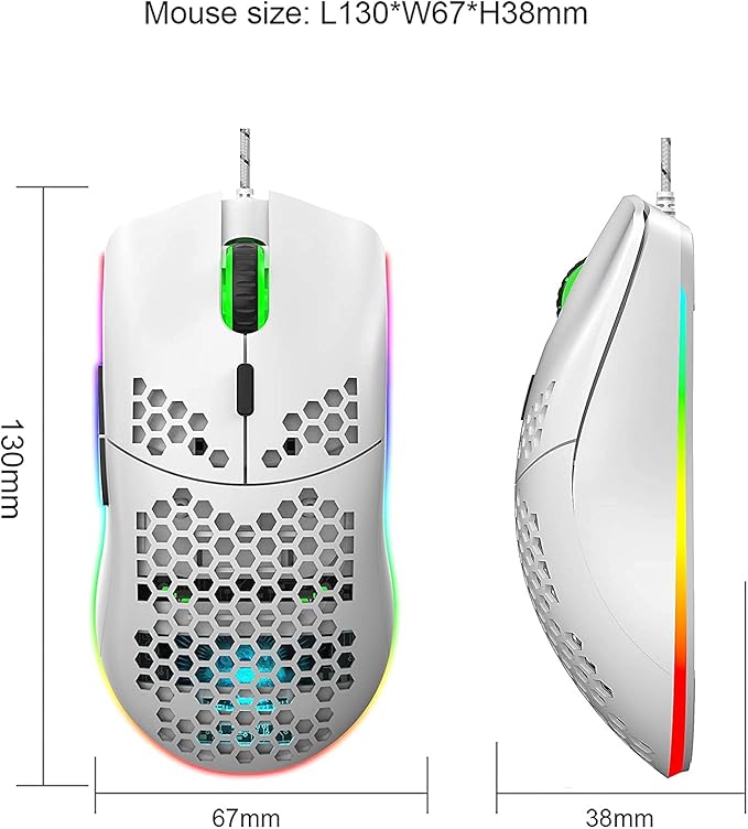 USB Gaming Mouse, Honeycomb Hollow Design Ergonomic Wired Mouse with Backlight, up to 6400 DPI, RGB Gaming Mouse for Mac, Laptop, Computer (White)