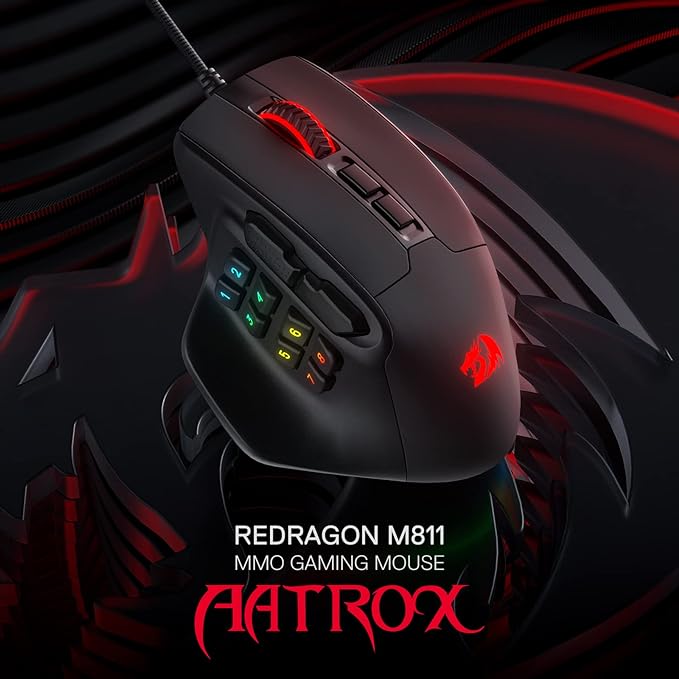 Redragon M811 Aatrox MMO Gaming Mouse, 15 Programmable Buttons, Wired RGB Gaming Mouse with Natural Ergonomic Grip, 10 Side Macro Keys