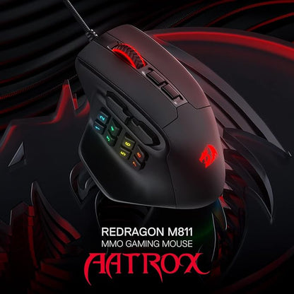 Redragon M811 Aatrox MMO Gaming Mouse, 15 Programmable Buttons, Wired RGB Gaming Mouse with Natural Ergonomic Grip, 10 Side Macro Keys