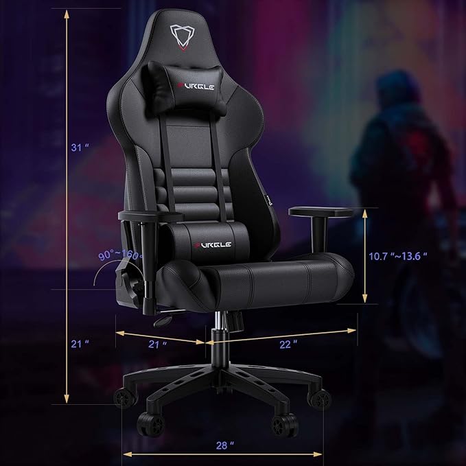 Furgle Gaming Chair - Computer Chair - Racing Style High-Back Office Chair - PU Leather Ergonomic Video Game Chairs for Adults - Adjustable Armrests - Headrest and Lumbar Support - Rocking Mode -Black