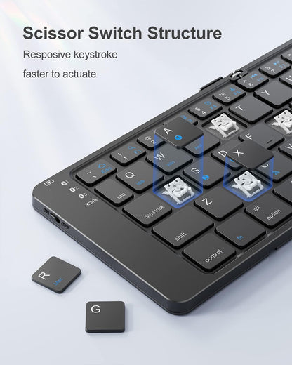 Foldable Bluetooth Keyboard, Portable Wireless Folding Keyboard (BT5.1 x 3), Pocket-Sized & Ultra-Slim, USB-C Rechargeable for iOS, Android, Windows Mac OS Laptop Tablet Smartphone, Black