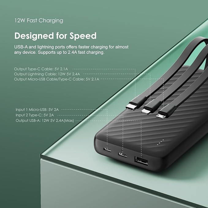 Oraimo Slice Link 10000mAh Powerbank 12W Fast Charging, Built-in 3 Charging Cables,Multi-Layer Protection