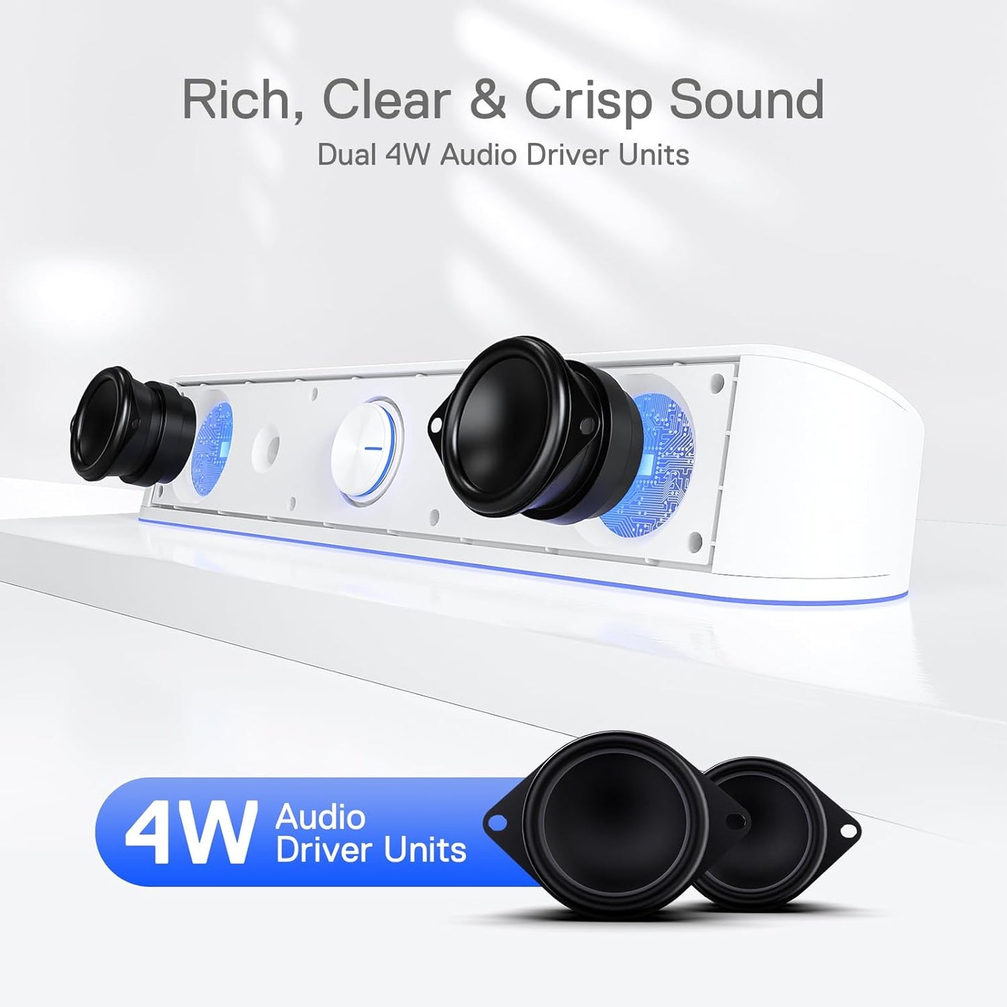 Redragon GS560 RGB Desktop Soundbar, 2.0 Channel Computer Speaker with Dynamic Lighting Bar Audio-Light Sync/Display, Touch-Control Backlit with Volume Knob, USB Powered w/ 3.5mm Cable, White - T