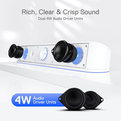 Redragon GS560 RGB Desktop Soundbar, 2.0 Channel Computer Speaker with Dynamic Lighting Bar Audio-Light Sync/Display, Touch-Control Backlit with Volume Knob, USB Powered w/ 3.5mm Cable, White - T