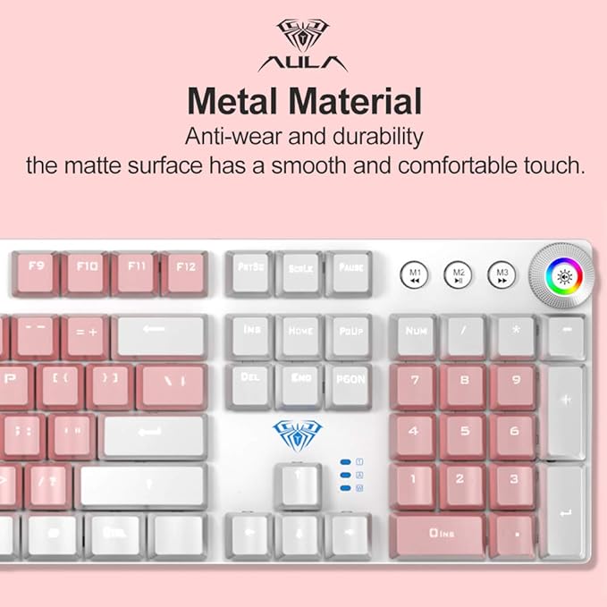 AULA F2088 Pink Mechanical Gaming Keyboard, with Wrist Rest, Media Knob, PBT Keycaps, White LED Backlit, Quick-Response 104 Keys Anti-ghosting USB Wired PC Desktop Computer Keyboards (Black Switch)