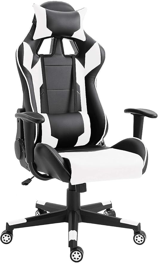 MAHMAYI OFFICE FURNITURE C599 Adjustable PU Leather Gaming Chair - PC Computer Chair for Gaming, or Students, Ergonomic Back Lumbar Support (White & Black, No Footrest)