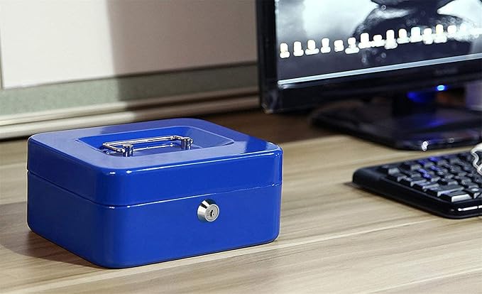 Ltstor Large Cash Box with Key Lock, Portable Metal Money Box with Double Layer and 2 Keys for Security 20 x 16 x 9 cm (XL, Blue)