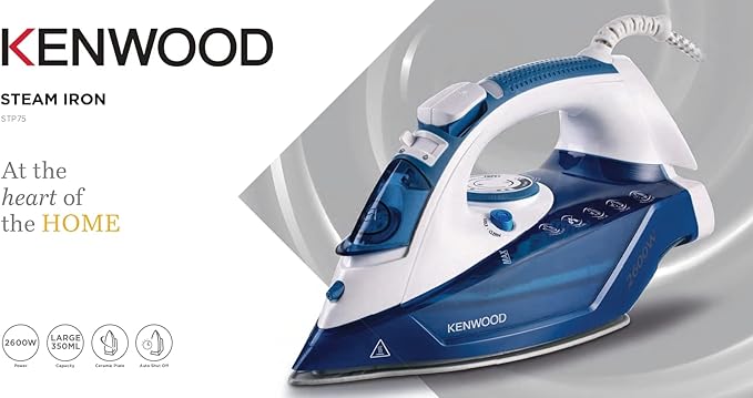 Kenwood Steam Iron 2600 Watts, Steam Shot Up to 140g, Steam emission 45g/min, Anti drip and Anti calc, STP75.000WB – International Warranty