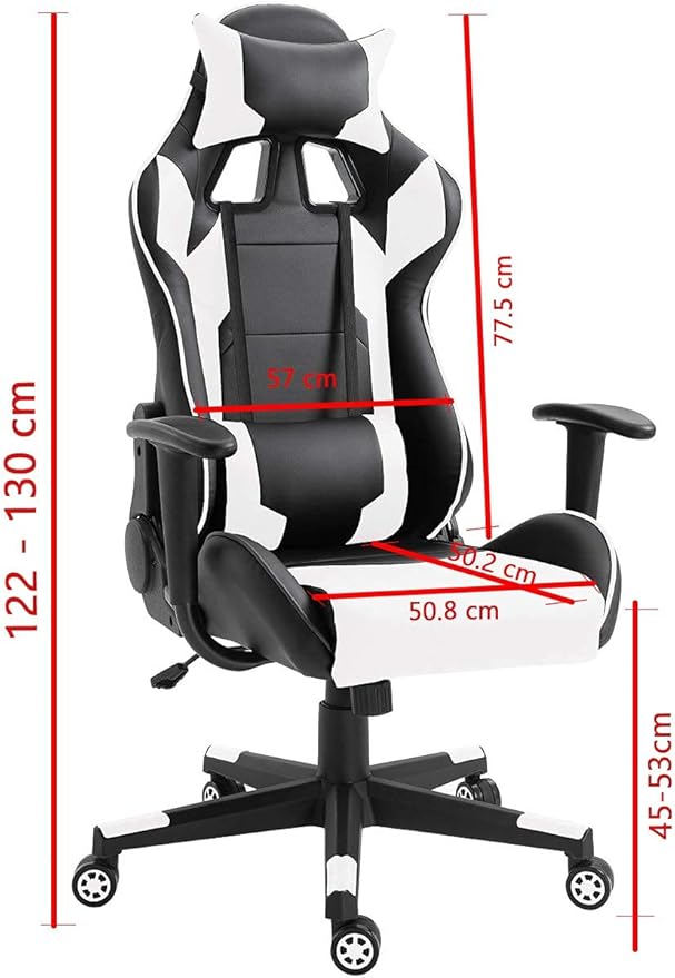 MAHMAYI OFFICE FURNITURE C599 Adjustable PU Leather Gaming Chair - PC Computer Chair for Gaming, or Students, Ergonomic Back Lumbar Support (White & Black, No Footrest)