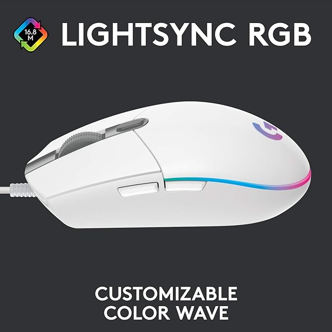 Logitech G102 Light Sync Gaming Mouse with Customizable RGB Lighting, 6 Programmable Buttons, Gaming Grade Sensor, 8 k dpi Tracking,16.8mn Color, Light Weight (White)