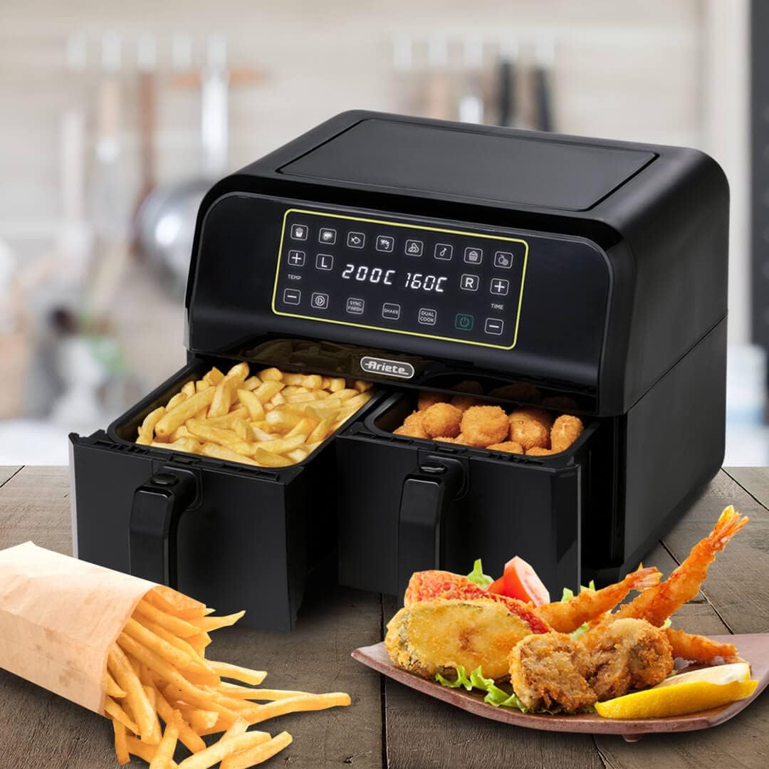 Ariete 4623 Airy Metal Air Fryer Double Basket, 1700 W, 8 Liters, 3 Cooking Functions, digital LED touch panel, 8 preset programs, timer, 2 Baskets, Black (by Delonghi Group) - T